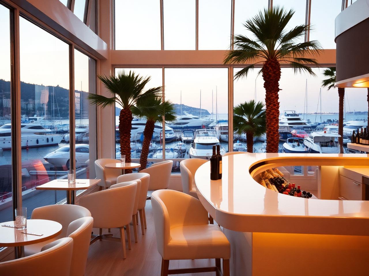 Le Bar du Port Saint-Tropez refined harbour-side cocktail bar interior with views onto the old port and yachts, white modern furnishings and polished bar