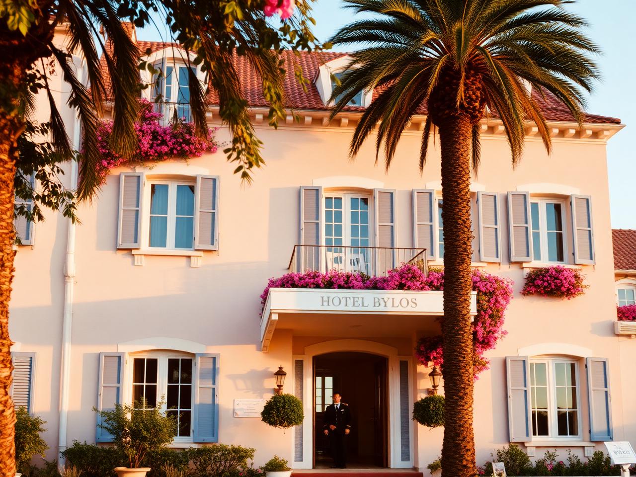 Hotel Byblos Saint-Tropez iconic luxury village-style palace hotel facade at golden hour