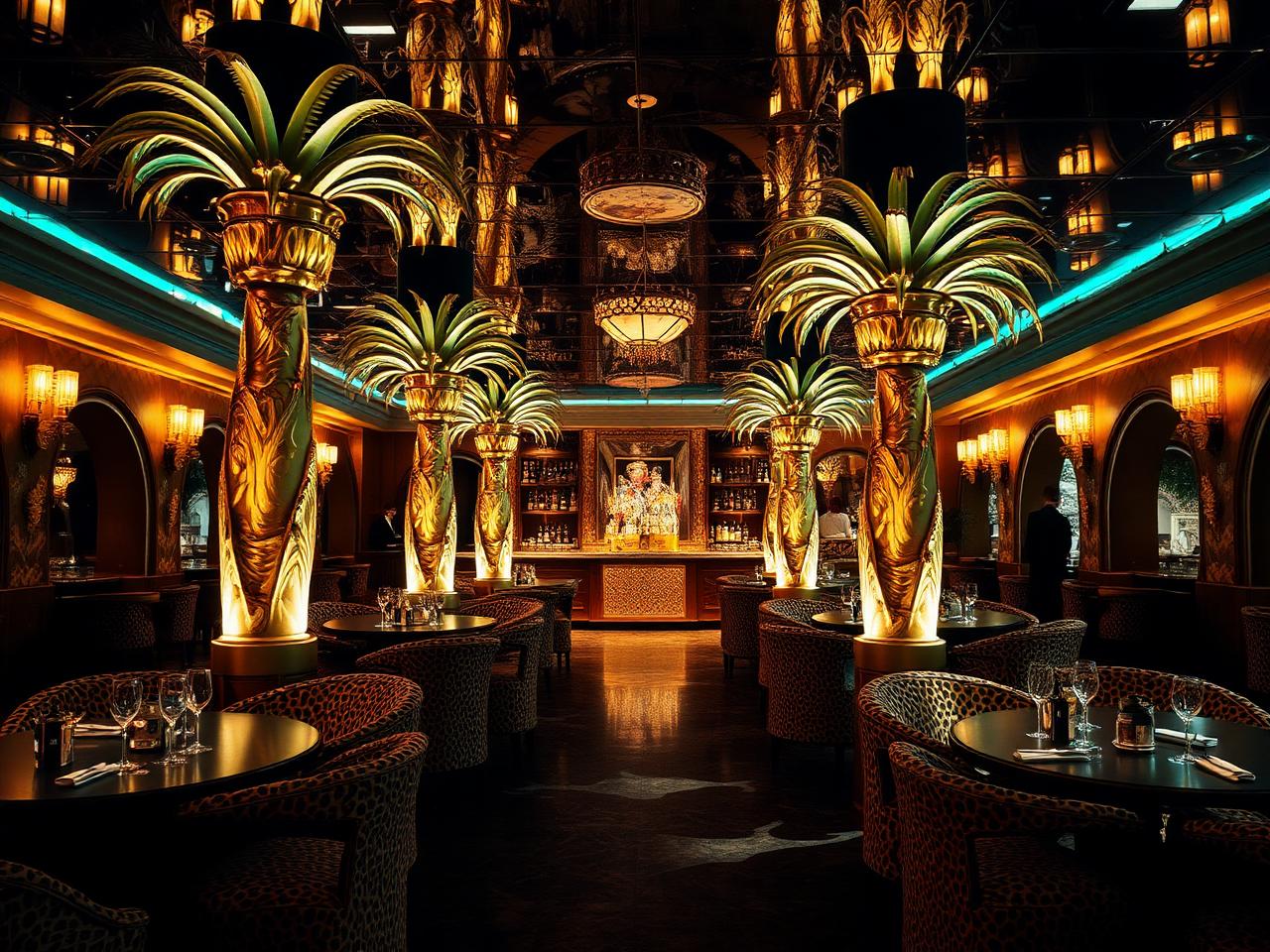 Les Caves du Roy nightclub at Hotel Byblos Saint-Tropez iconic upscale interior with dramatic gold palm tree columns, leopard print banquettes and warm amber lighting