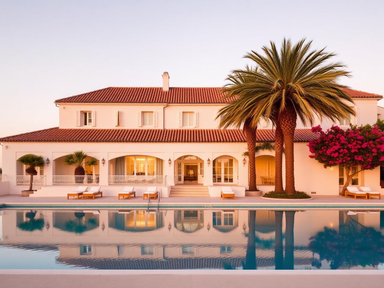 Cheval Blanc St-Tropez iconic luxury boutique hotel exterior at golden hour with refined Provençal architecture in white and pale ochre, terracotta tile roofs, palm trees and pool reflecting the Mediterranean