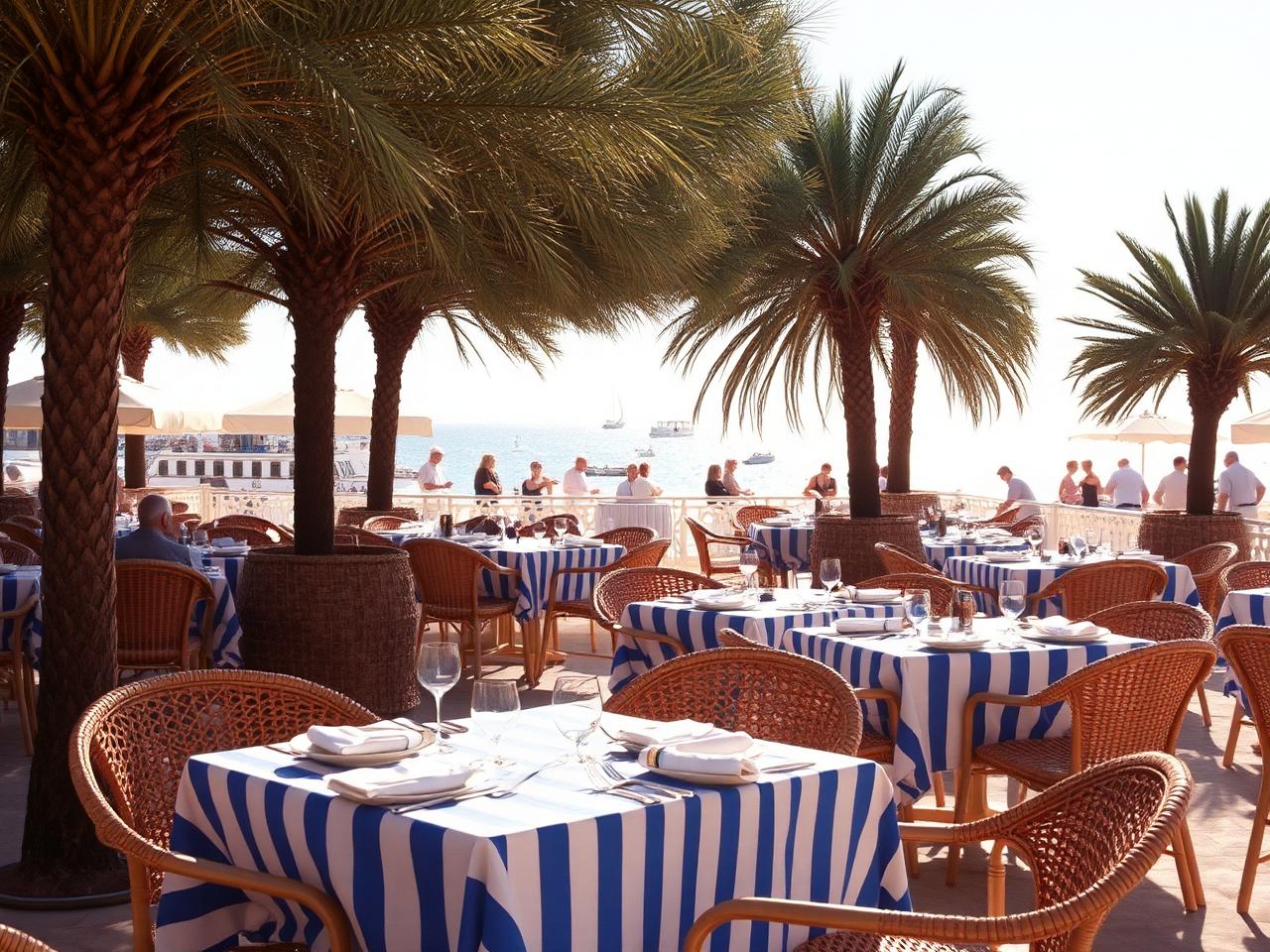 Le Club 55 Pampelonne beach restaurant Saint-Tropez at lunch with the iconic blue and white striped tablecloths, woven cane chairs, pine trees and the Mediterranean glittering
