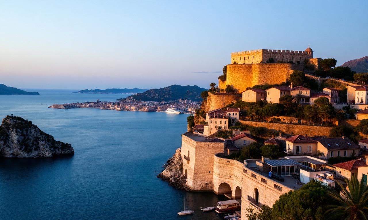 The Citadelle of Saint-Tropez at golden hour with the historic stone fortress on the hill, a long view across the bay to the Mediterranean and Sainte-Maxime in the distance