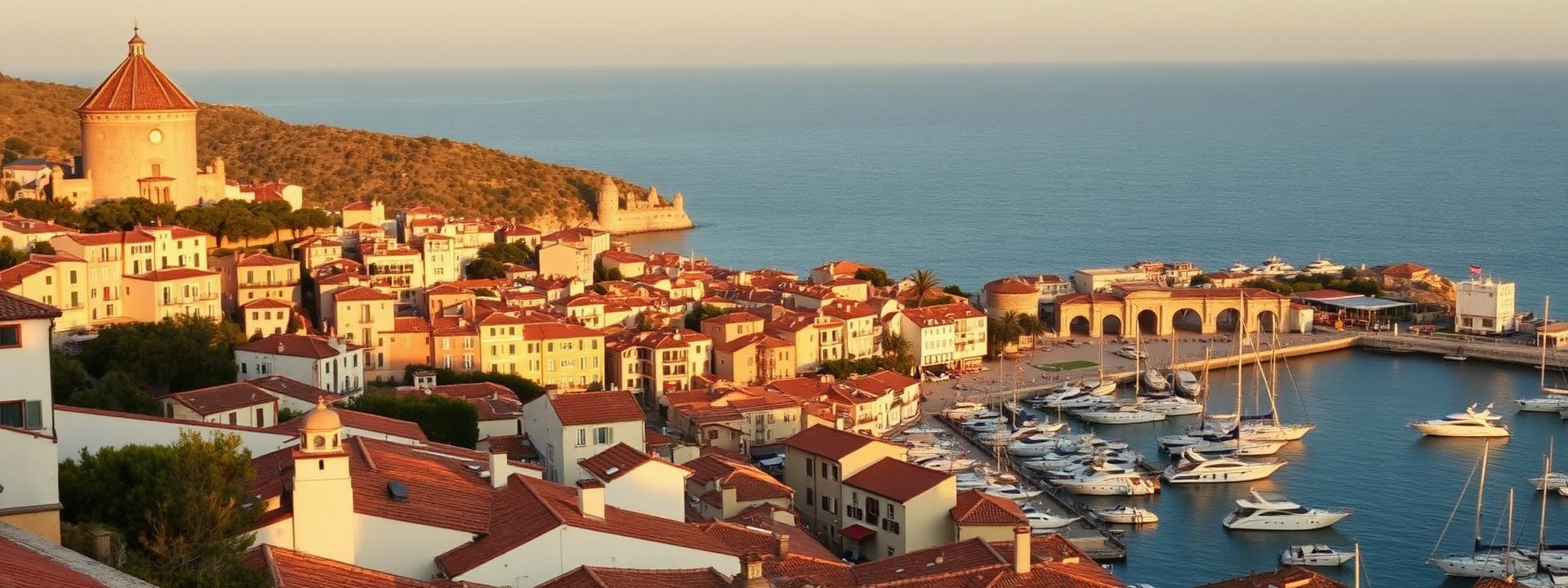 Panoramic morning view of Saint-Tropez old port from the Citadelle with pastel ochre and pink Provençal houses, terracotta tile roofs, white yachts in the harbor and the Mediterranean