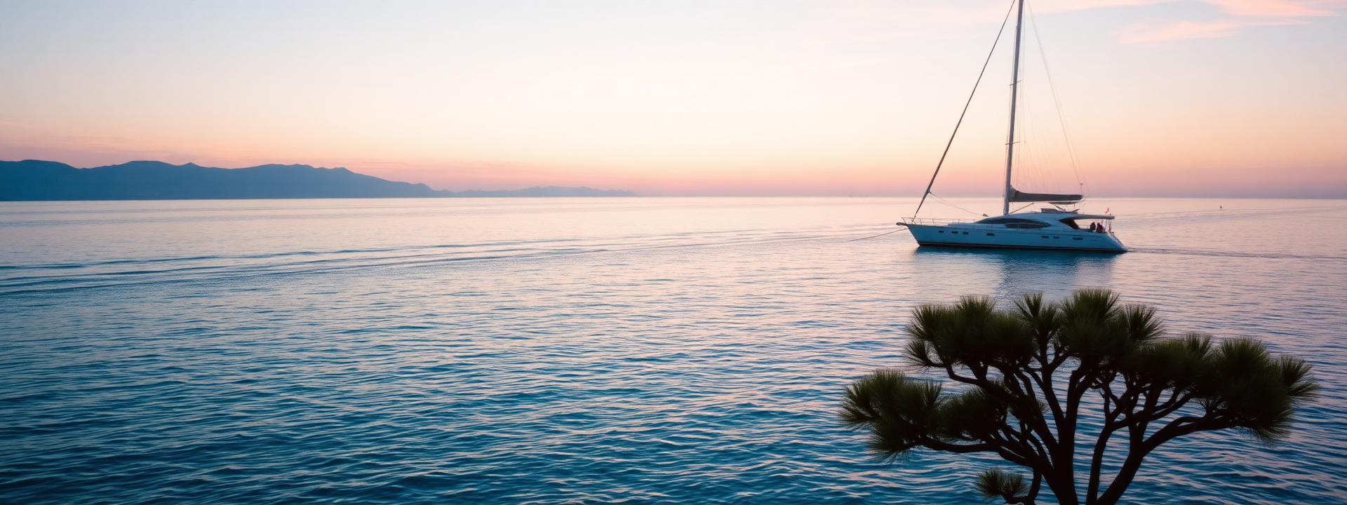 The Mediterranean off Saint-Tropez at last golden light with the turquoise sea reflecting soft pink and gold sky, a sailing yacht silhouetted on the horizon and the Massif des Maures faint in the distance