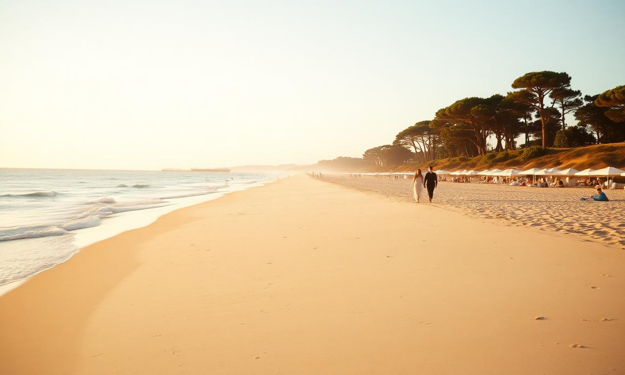 Pampelonne Beach Saint-Tropez at golden hour with the long stretch of pale sand, gentle Mediterranean waves and pine trees in the distance