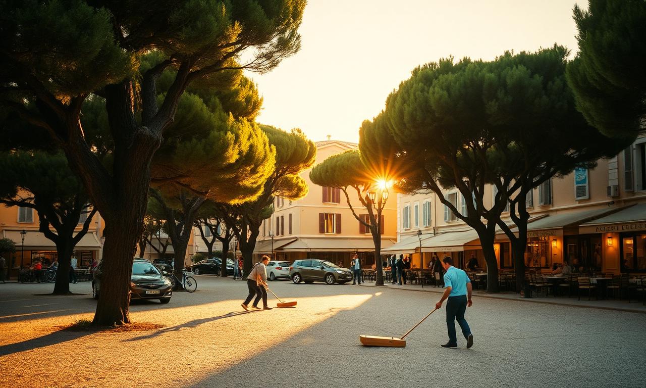 Place des Lices Saint-Tropez at late golden hour with plane trees, men playing pétanque on the gravel and lamplit cafés around