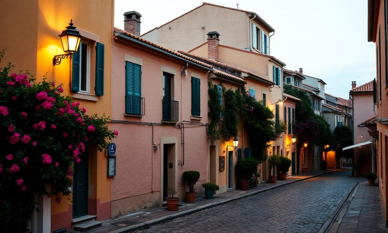 The narrow cobblestone streets of the old town of Saint-Tropez at dusk with pastel ochre and pink Provençal stone houses, terracotta tile roofs, warm lamplight and climbing bougainvillea