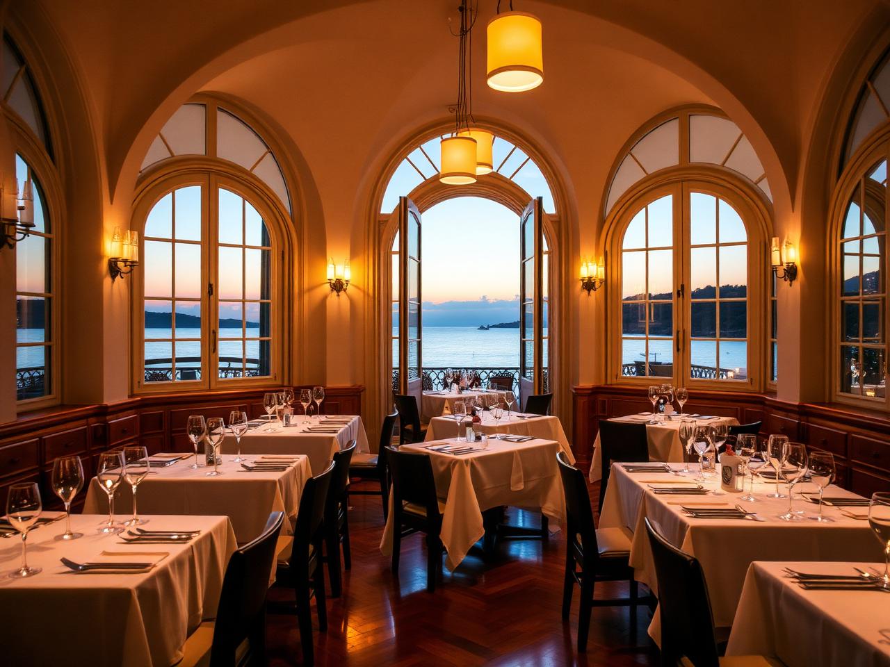 La Vague d'Or refined three Michelin star fine dining room interior at Cheval Blanc St-Tropez with white tablecloths, large arched windows opening onto the Mediterranean at dusk and polished wood