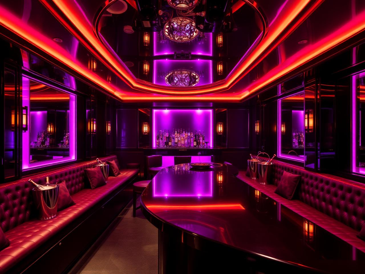 VIP Room Saint-Tropez upscale nightclub interior with dramatic warm purple and amber lighting, dark surfaces, leather banquettes and a mirrored ceiling
