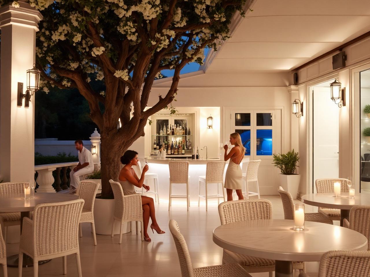 White 1921 cocktail bar Saint-Tropez refined intimate Place des Lices terrace with all-white furnishings, marble bar counter, white woven chairs and lamplight