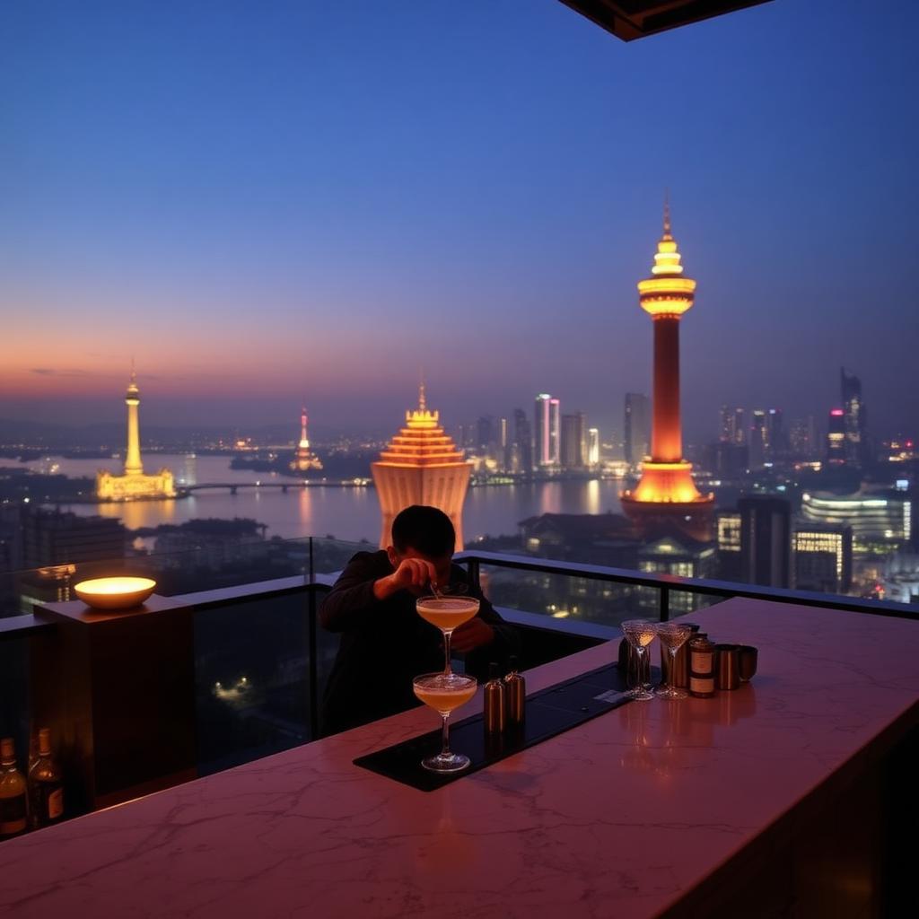 Elegant rooftop cocktail bar in Suzhou at dusk with panoramic view of the illuminated Jinji Lake CBD skyline and Gate to the East tower