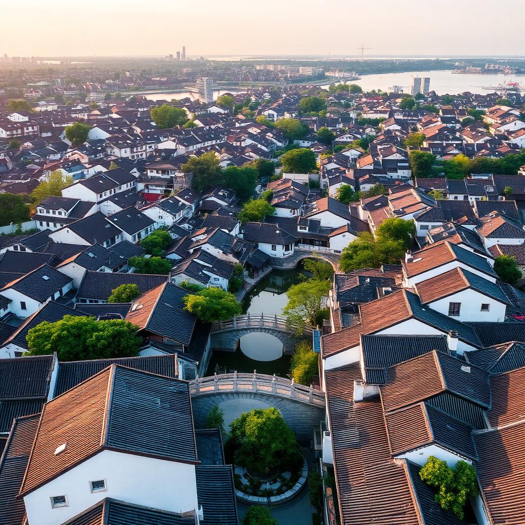 Aerial morning view of Suzhou old town with classical garden rooftops, Jiangnan houses along still canals and stone arched bridges