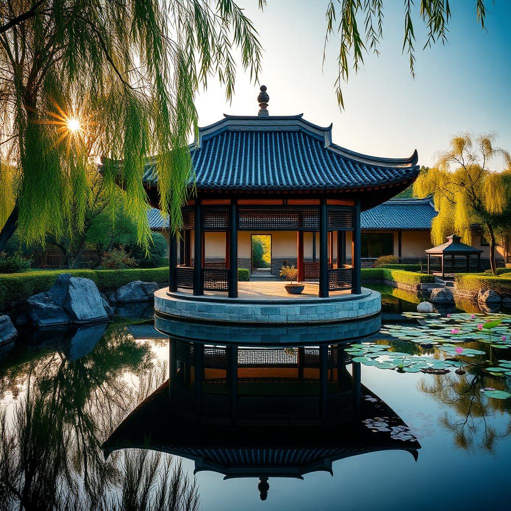 Humble Administrator's Garden Suzhou at golden hour with a Ming-era water pavilion reflected in a lotus pond, rockeries and bamboo