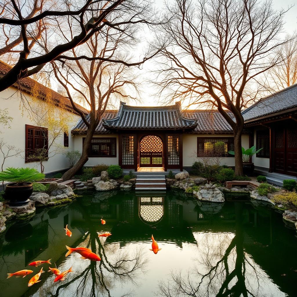 Master of the Nets Garden Suzhou in late afternoon with a koi pond, moon gate and single pavilion in warm golden light