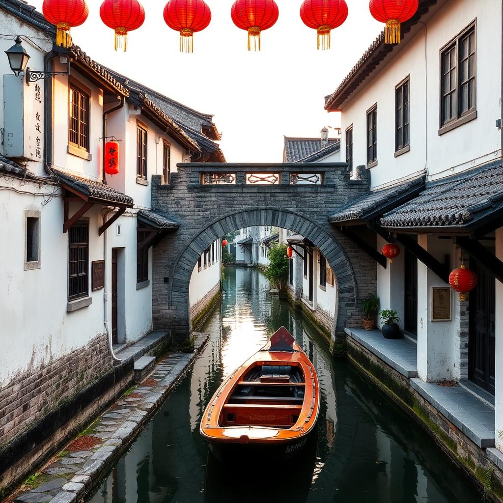 Pingjiang Road Suzhou at morning with a stone-paved canal street, whitewashed Jiangnan houses and a wooden boat under an arched bridge
