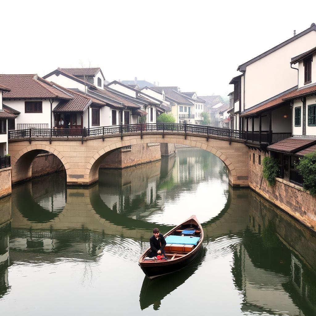 Tongli water town near Suzhou at morning with stone arched bridges over still canals and Jiangnan houses reflected in calm water
