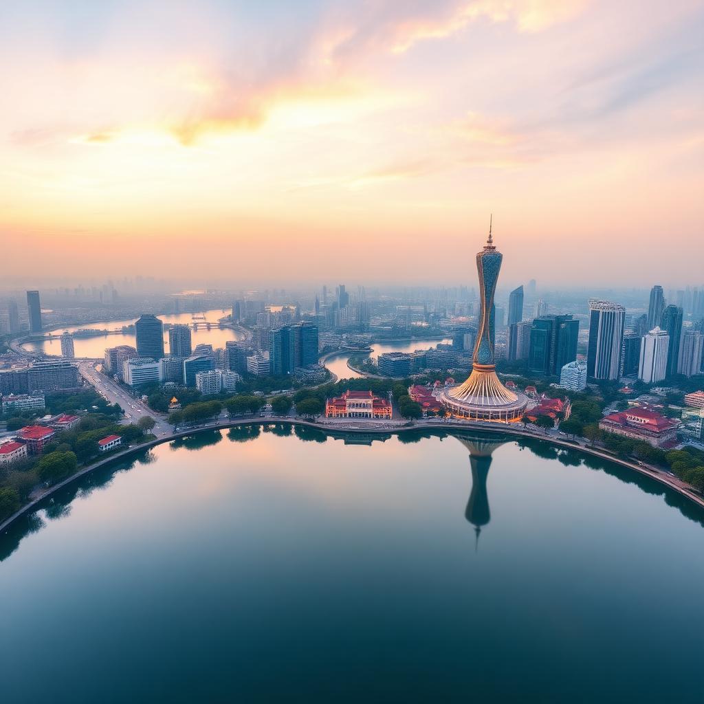 Panoramic aerial view of Jinji Lake Suzhou at golden hour with the modern CBD skyline and Gate to the East tower reflected in the lake