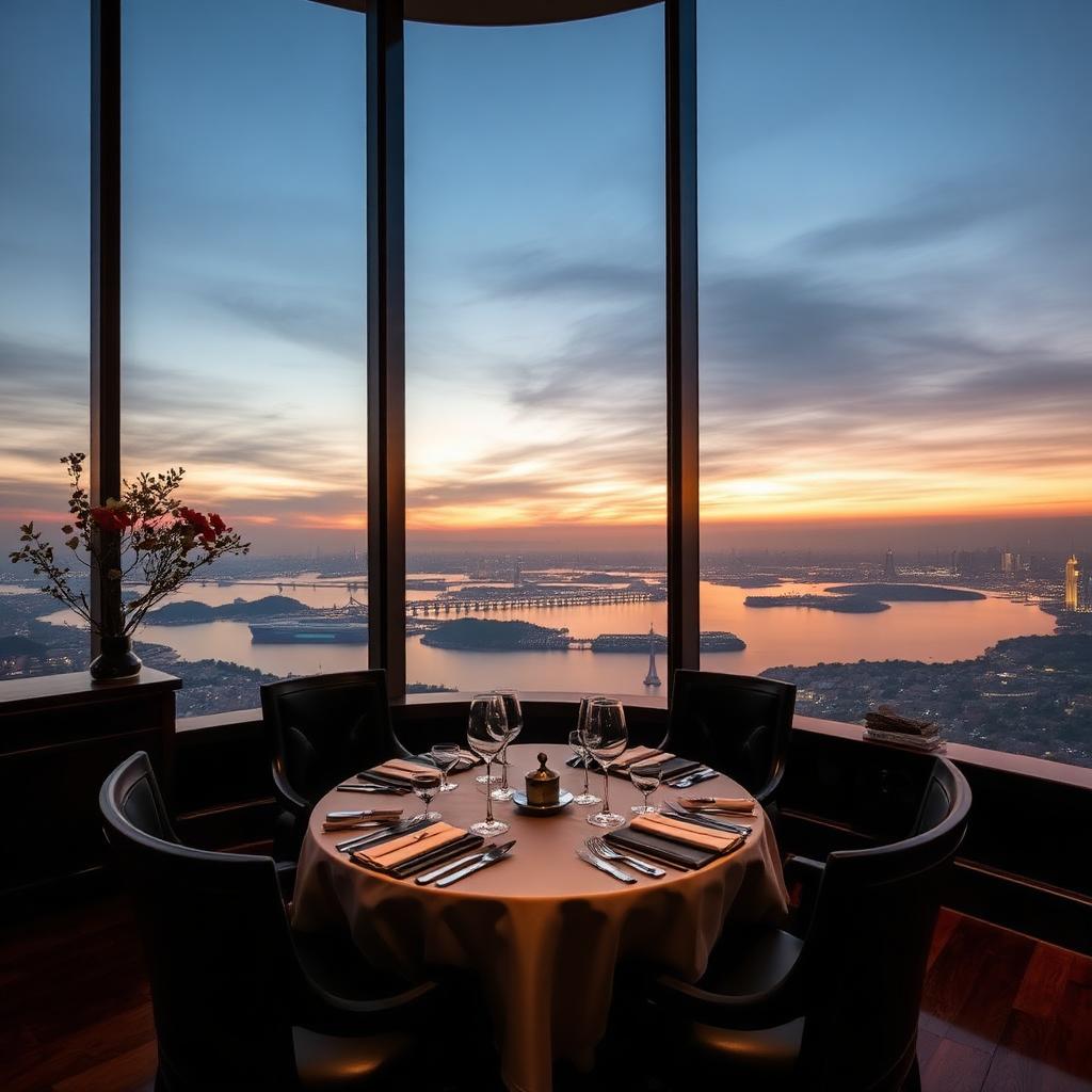 Elegant Cantonese fine dining restaurant on a high floor in Suzhou with floor-to-ceiling windows overlooking Jinji Lake skyline at dusk