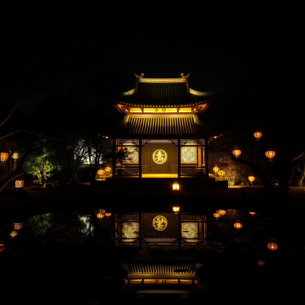 Master of the Nets Garden Suzhou at night with an illuminated pavilion, koi pond reflecting lanterns and a kunqu opera atmosphere