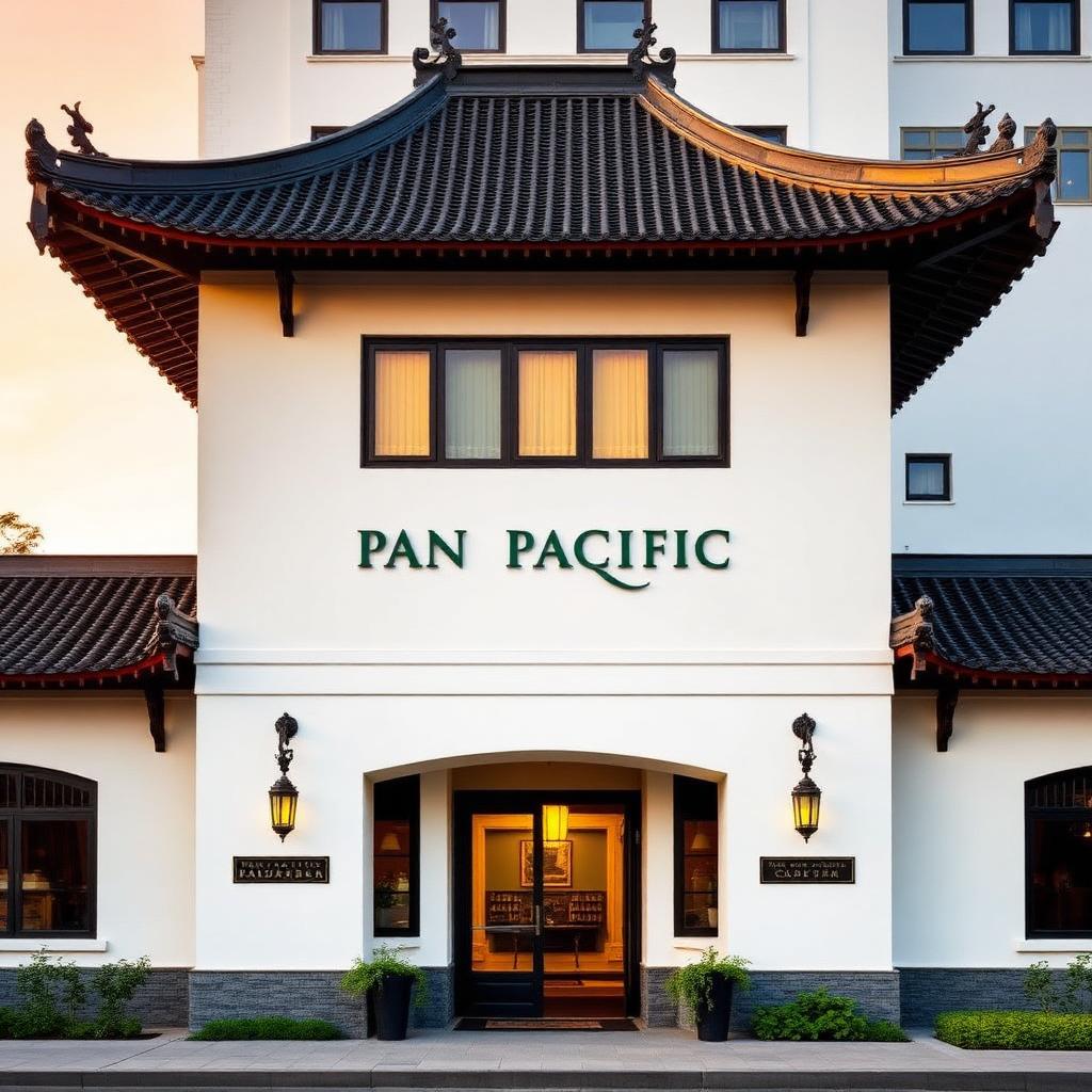 Pan Pacific Suzhou hotel facade in classical Suzhou garden architecture with upturned black tile pagoda roofs and a lantern-lit entrance
