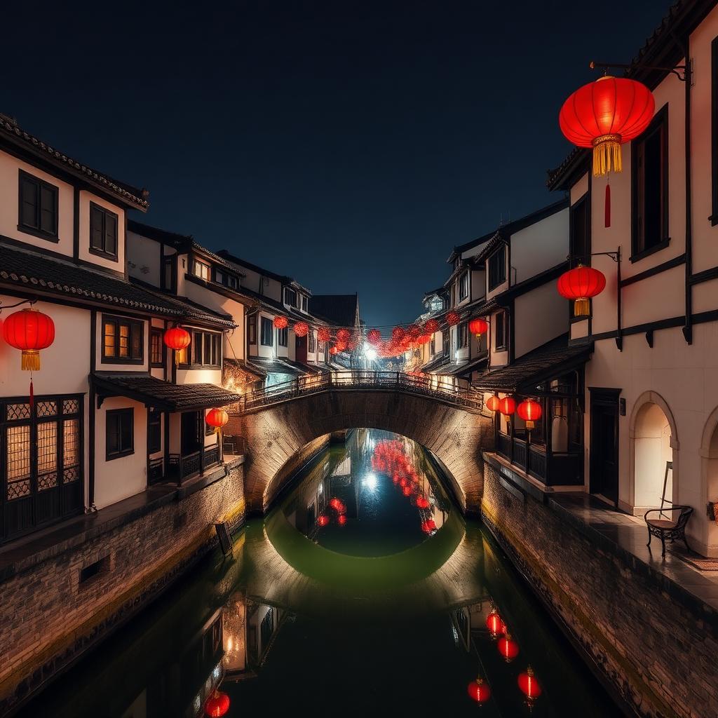 Shantang Street Suzhou at night with red lanterns strung above whitewashed black-tiled houses reflected in the still canal