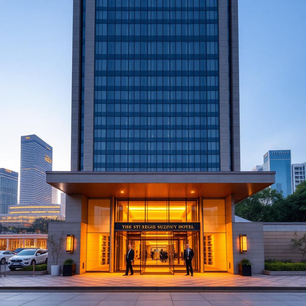 The St. Regis Suzhou hotel modern luxury facade by Jinji Lake at golden hour with the illuminated CBD skyline behind