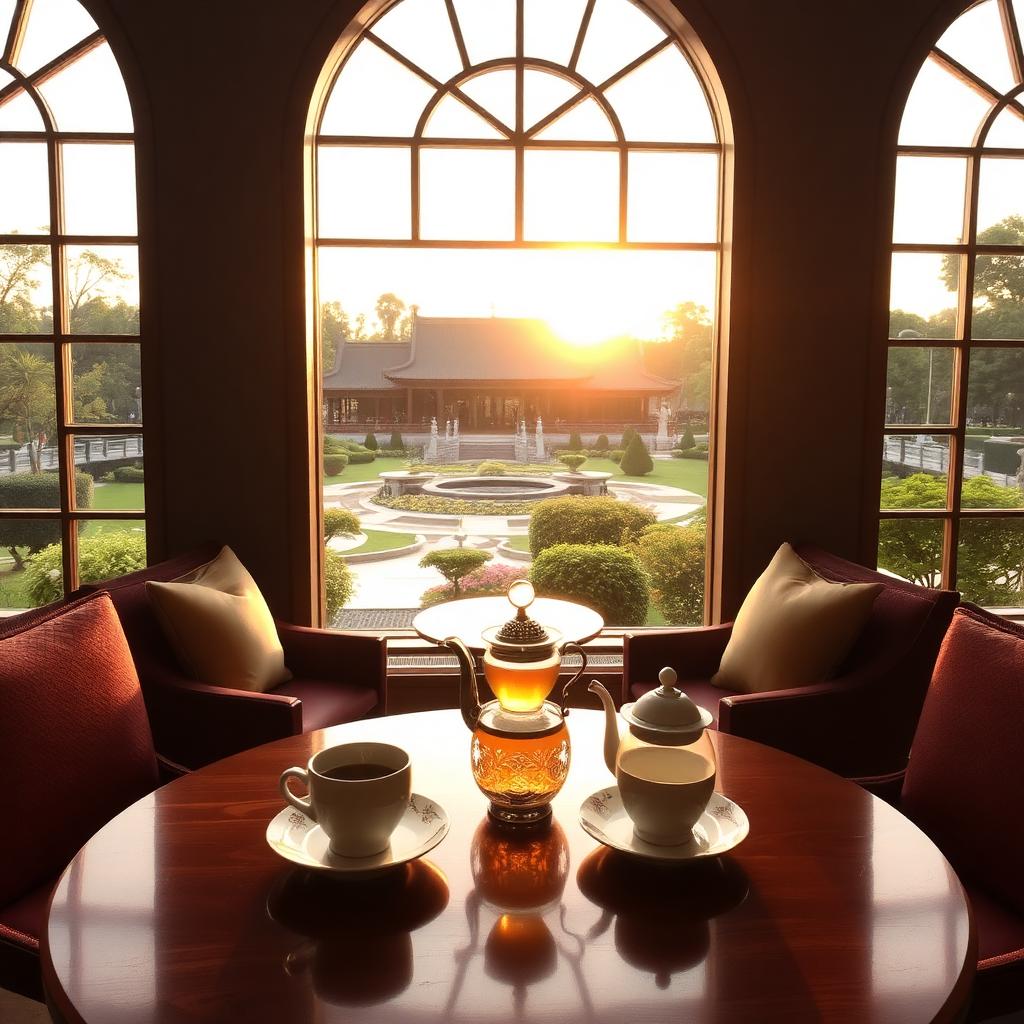 Afternoon tea lounge inside the Pan Pacific Suzhou with classical garden views through arched windows and jasmine tea service at golden hour
