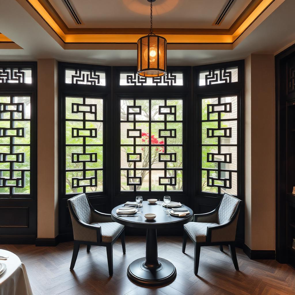 Refined Suzhou cuisine fine dining room with dark wood lattice screens and a single round table set with porcelain and silver