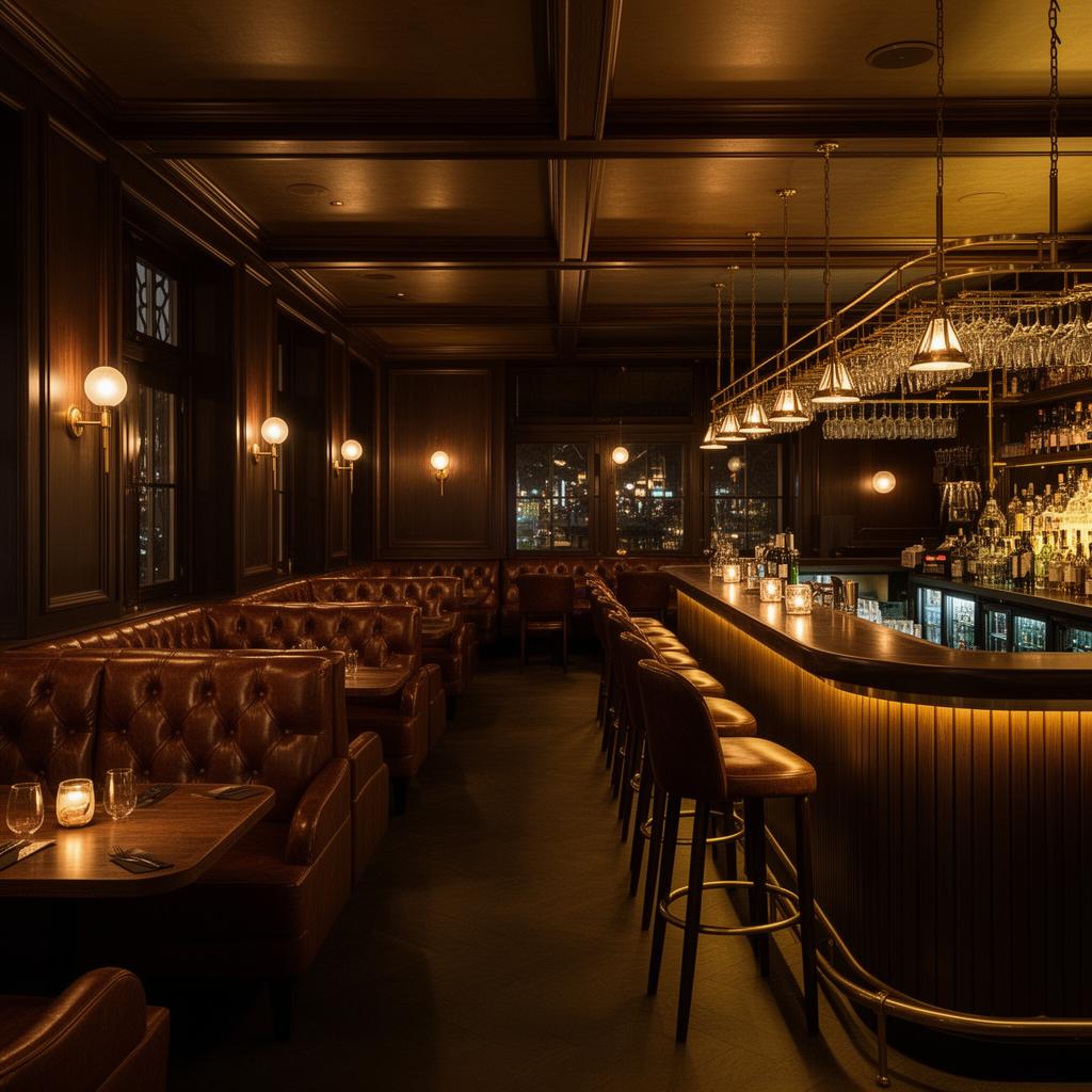 American Bistro Sylt Westerland refined late-night bar and bistro interior with dark wood paneling, brass details, leather banquettes and a long bar with warm pendant lighting