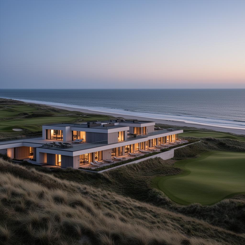 Budersand Hotel Sylt Hörnum modern minimalist luxury hotel architecture nestled into the dunes overlooking the North Sea and a links golf course at dusk with warm interior lights glowing