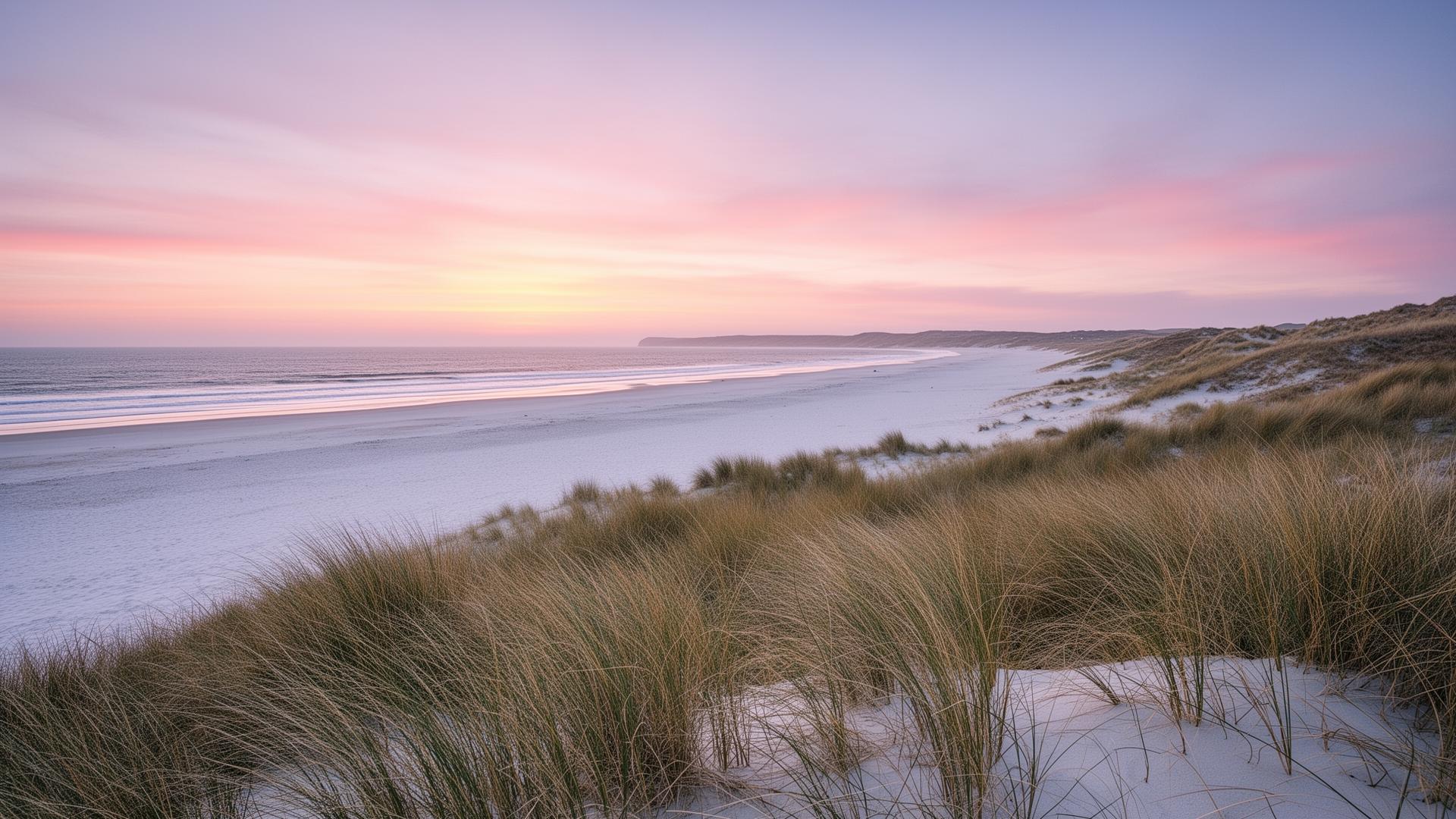 Sylt island panoramic dunes and the North Sea at first light with soft pastel sunrise sky, dune grass in the foreground and an empty endless white beach