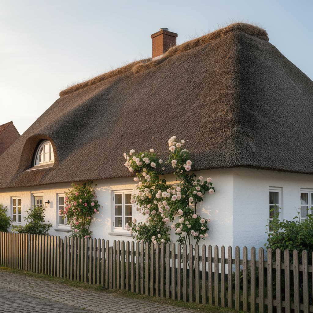 Keitum village Sylt traditional Frisian thatched-roof house with white-washed walls, climbing roses, picket fence and soft afternoon light, refined and quiet