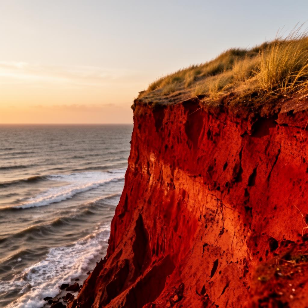 Rotes Kliff red cliff Sylt at golden hour with dramatic red-brown clay cliff face above the North Sea, dune grass on top and warm late afternoon light