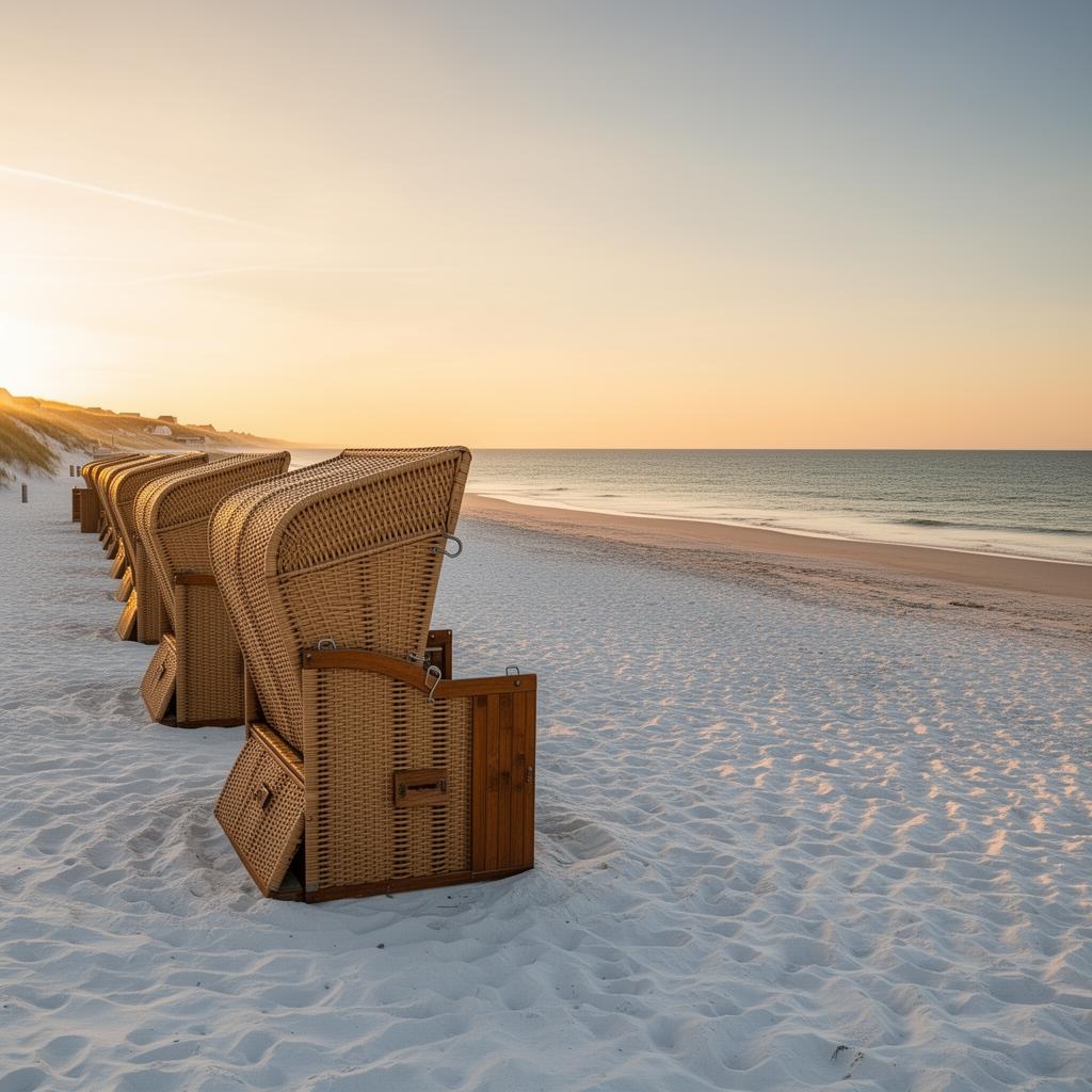 Wide empty Sylt beach at Wenningstedt at golden hour with traditional Strandkorb wicker beach chairs lined up on the white sand and the calm North Sea in the background