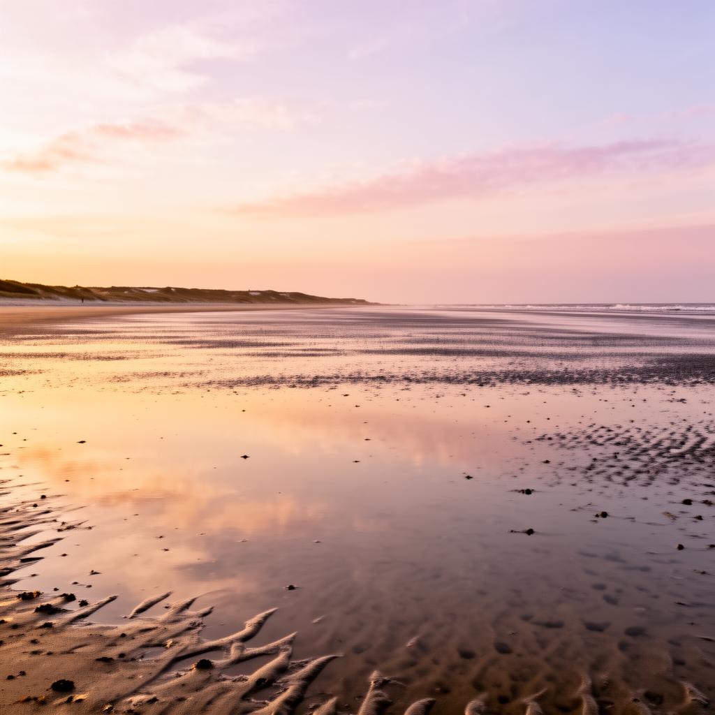 Sylt Wattenmeer mudflats at low tide on the east side of the island at golden hour with vast mirror-like wet sand reflecting a soft pastel sky and a distant horizon