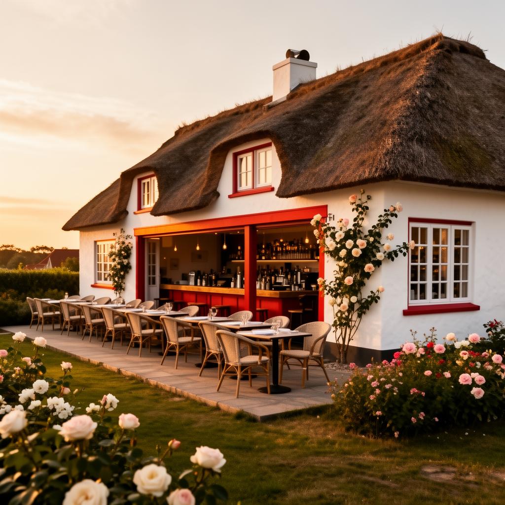 Gogärtchen Sylt Kampen refined Frisian terrace café with white-washed walls, thatched roof and red trim at golden hour with elegant outdoor seating and climbing roses