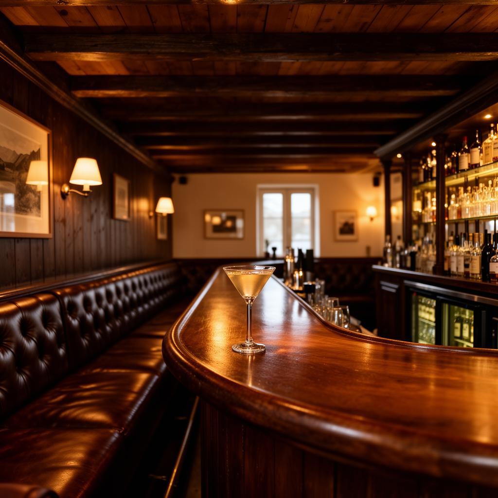 Pony bar Sylt Kampen refined intimate Frisian bar interior with low wooden beam ceiling, dark wood paneling, leather banquettes and a single martini glass on a polished bar