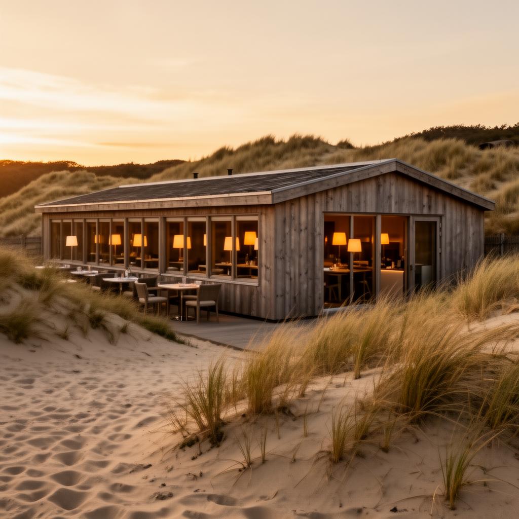 Sansibar restaurant Sylt Rantum iconic weathered-wood beach restaurant nestled into the dunes at golden hour with warm lamplight inside and dune grass surrounding it