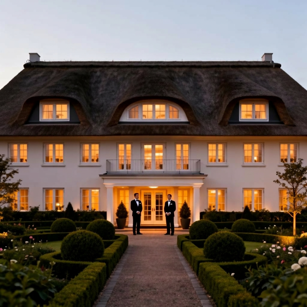 Severin's Resort and Spa Sylt Keitum traditional Frisian thatched-roof luxury hotel exterior at dusk with warm windows glowing