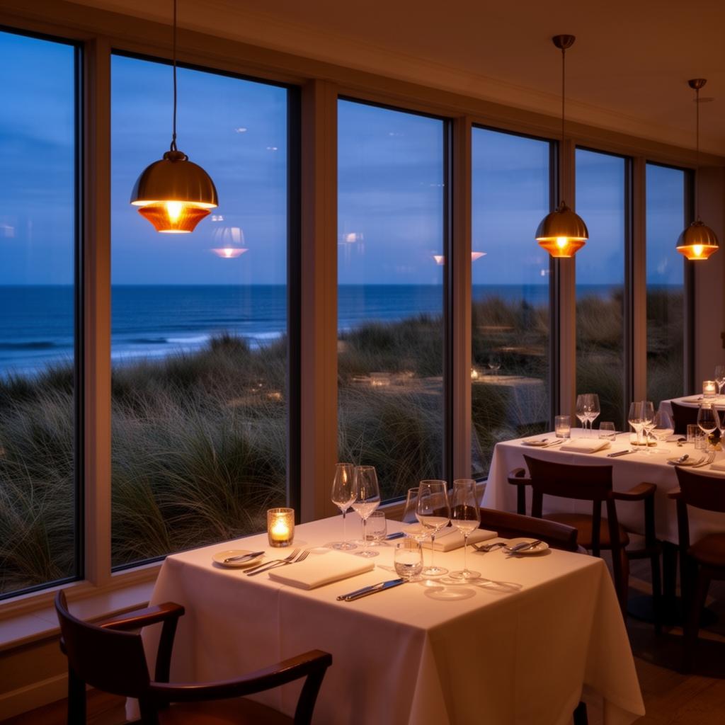 Söl'ring Hof restaurant Sylt Rantum refined two Michelin star fine dining room with large windows overlooking dune grass and the North Sea at dusk and warm pendant lighting