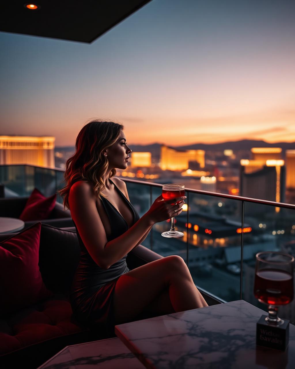 Sophisticated Vegas woman enjoying a crimson cocktail on an exclusive penthouse terrace overlooking the glowing Las Vegas Strip skyline at dusk