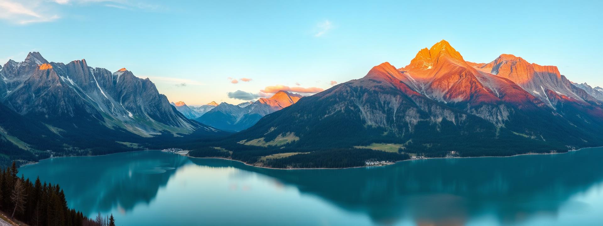 The Karawanken alpine mountains around the Wörthersee at last golden light with peaks reflecting soft pink and gold sky and the turquoise lake faint below