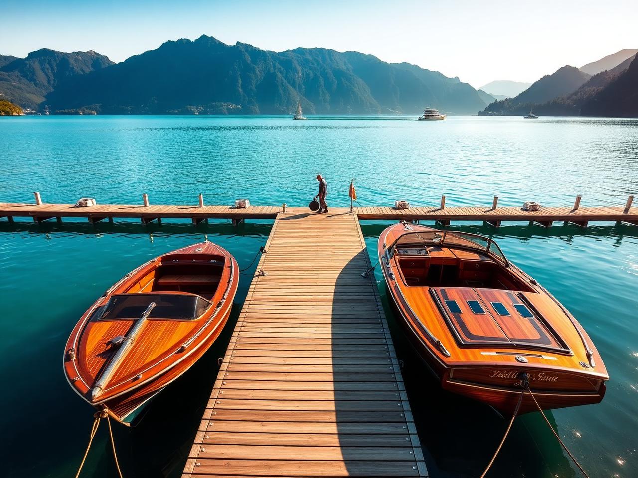 A refined wooden boat dock on the Wörthersee lake at Velden Austria at golden hour with classic mahogany speedboats moored, the turquoise lake stretching out and alpine mountains rising behind