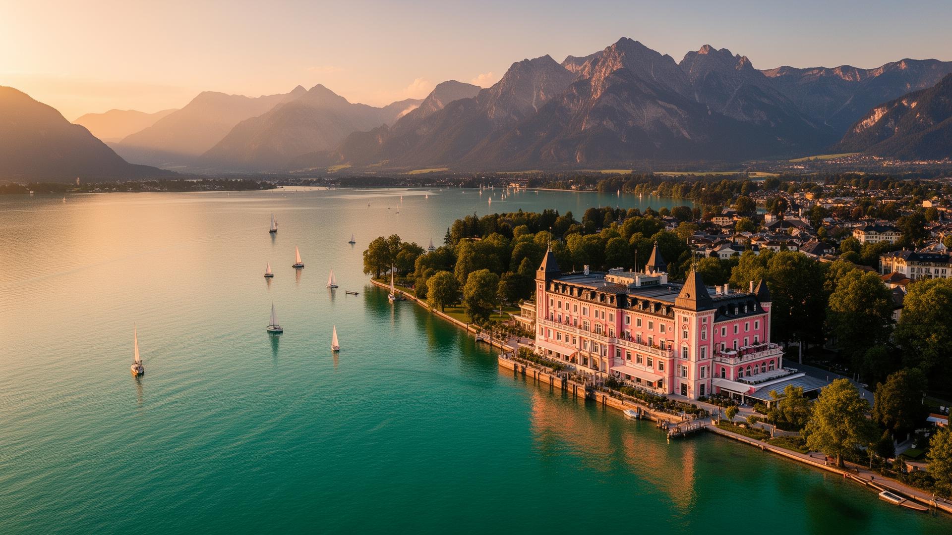 Panoramic morning view of Velden am Wörthersee Austria from above the lake at golden hour with the turquoise Wörthersee stretching out, the iconic pink Schlosshotel Velden on the shore, alpine mountains rising behind and sailboats on the water