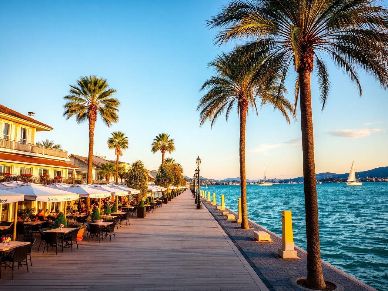 Lakeside Seekorso promenade in Velden am Wörthersee Austria at golden hour with palm trees, refined cafés and restaurants on one side and the turquoise Wörthersee lake with sailboats on the other