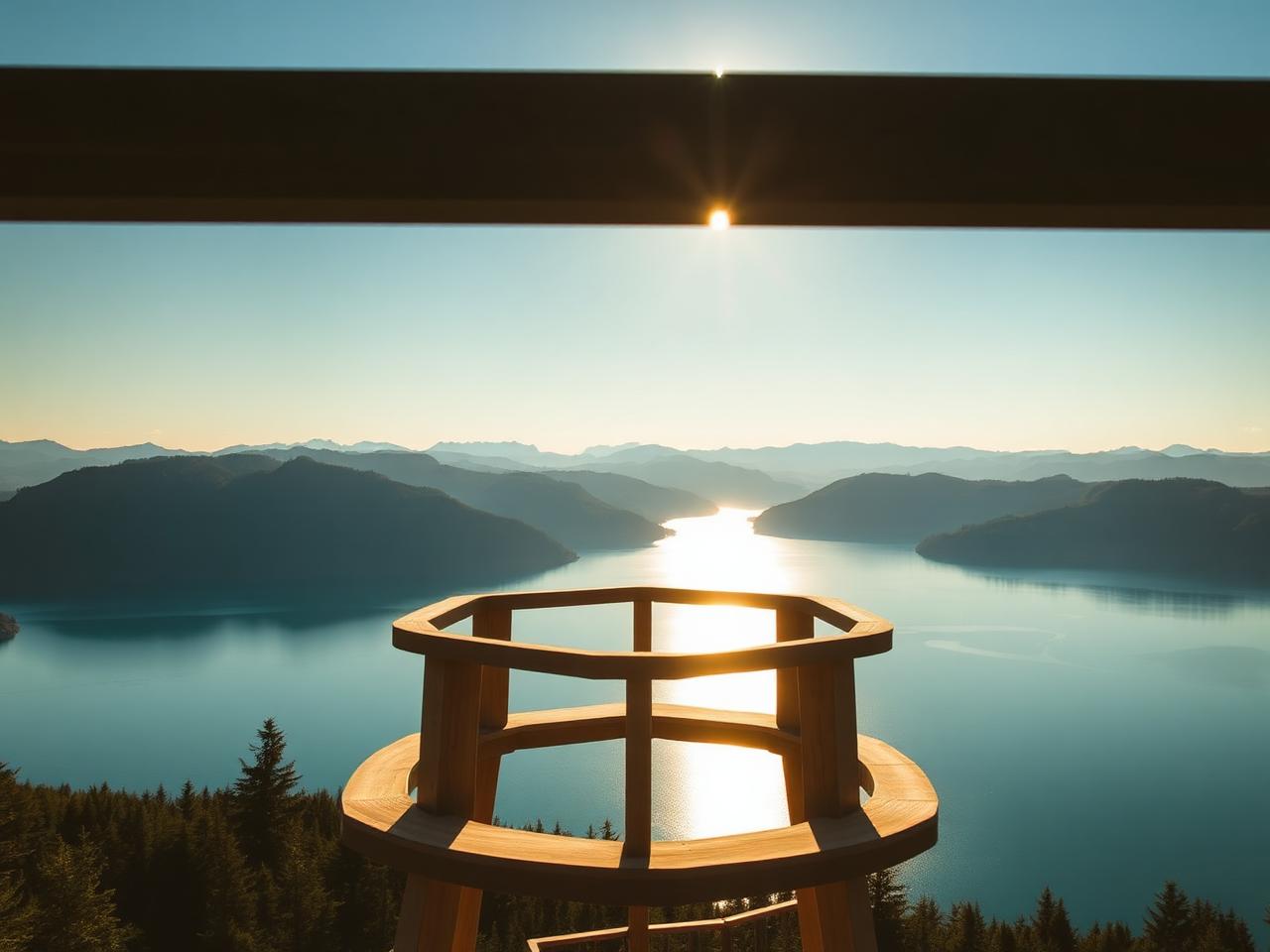 The lakeside Pyramidenkogel observation tower above Velden am Wörthersee at golden hour with panoramic views of the turquoise lake stretching out below and alpine mountains in the distance