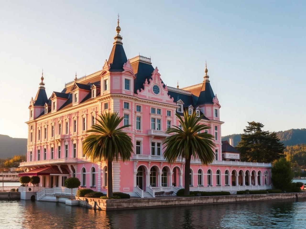 The iconic pink Schlosshotel Velden castle on the shore of the Wörthersee at golden hour with white turrets, ornate baroque facade details and palm trees in front