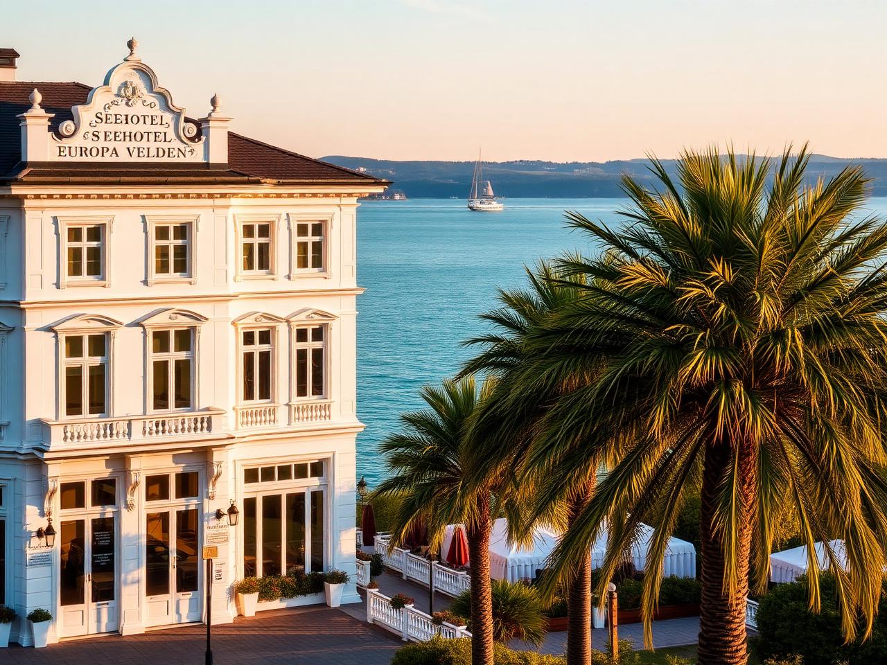 Seehotel Europa Velden refined elegant lakeside hotel facade at golden hour with white classical architecture, ornate facade details, palm trees in front and the turquoise Wörthersee lake stretching beyond
