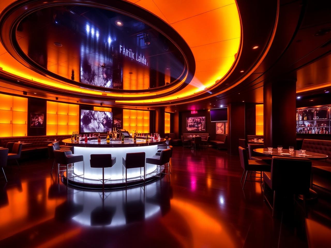 Discotheque Fabrik Velden refined upscale nightclub interior with dramatic warm amber LED lighting, dark surfaces, leather banquettes, polished circular bar with champagne buckets and a dance floor with mirrored ceiling