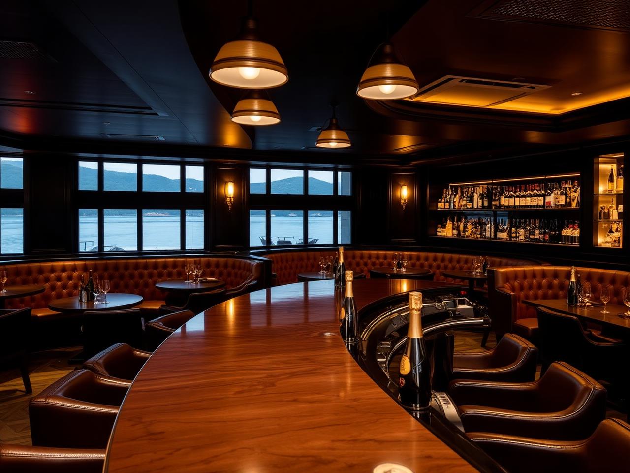 GIG Bar Club Café Velden refined upscale lakeside lounge interior with dark surfaces, leather banquettes, dim warm amber lighting and a polished bar counter with champagne buckets